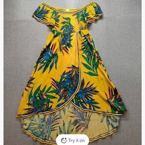 Jealous Tomato Yellow Tropical Maxi Dress Smocked Square Neck Short Sleeve SizeL